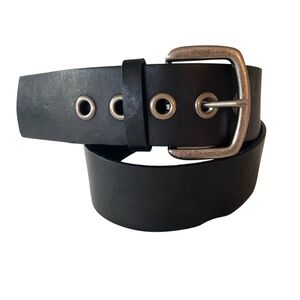 Black Italian Bonded Leather Grommet Hole Belt Silver Buckle Moto Punk Goth M/L